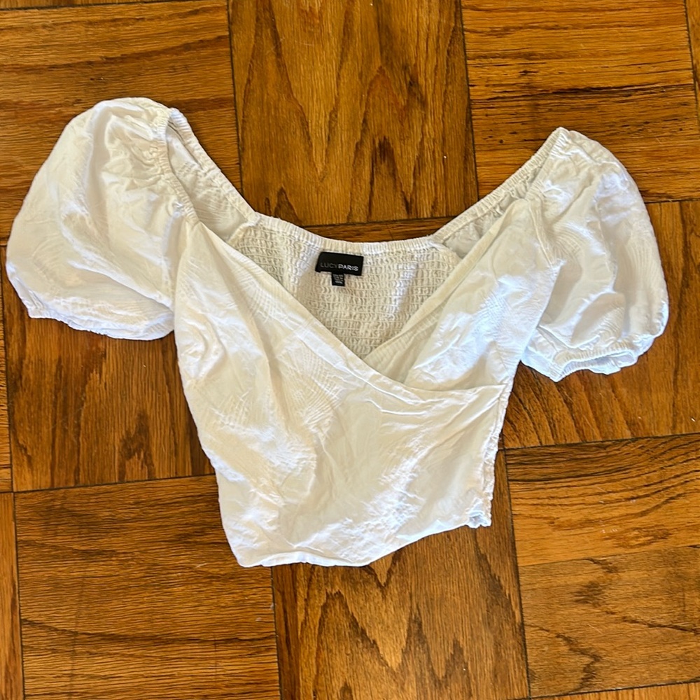 Lucy Paris size XS white poof sleeve crop top